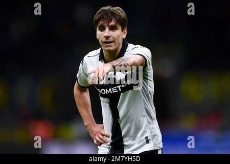 Milan, Italy. 10 January 2023. Adrian Bernabe of Parma Calcio gestures during the Coppa Italia football match between FC Internazionale and Parma Calcio. Credit: Nicolò Campo/Alamy Live News Stock Photo