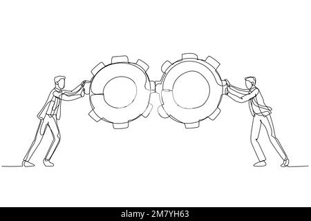 Cartoon of businessman pushing gears wheel concept of business team work. One line art style design Stock Vector