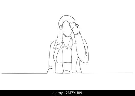 Cartoon of stress businesswoman worker feeling headache exhausted and unhappy. Single line art style design Stock Vector