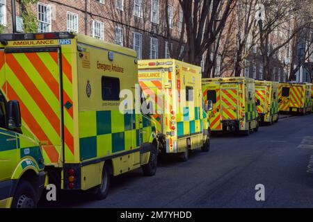 London, UK. 11th January 2023. Ambulance vehicles parked outside the London Ambulance Service headquarters in Waterloo, as UK ambulance staff stage further strikes over pay. Credit: Vuk Valcic/Alamy Live News Stock Photo