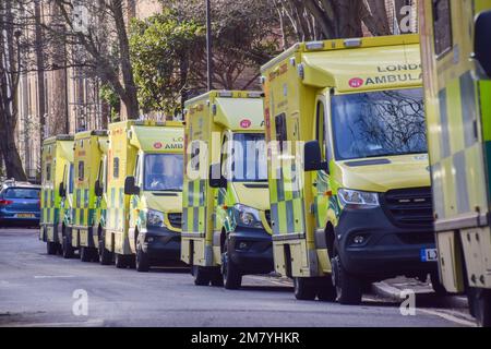 London, UK. 11th January 2023. Ambulance vehicles parked outside the London Ambulance Service headquarters in Waterloo, as UK ambulance staff stage further strikes over pay. Credit: Vuk Valcic/Alamy Live News Stock Photo