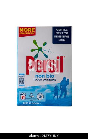 box of Persil non bio washing powder tough on stains gentle next to sensitive skin more concentrated isolated on white background Stock Photo