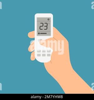 Male hand holding air conditioner controller with buttons and display - vector on green background Stock Vector