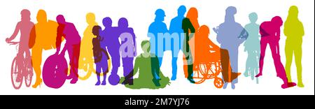 Silhouettes of many different people during work and leisure as a population concept Stock Photo