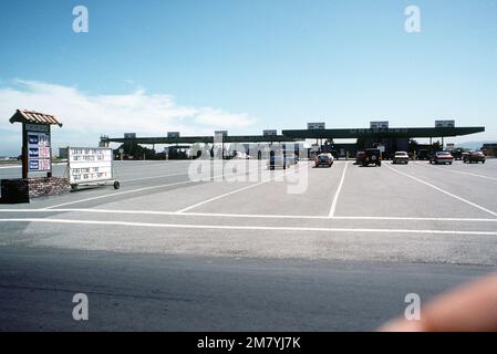 A view of cars lined up at the gas station. Base: Naval Air Station, Moffett Field State: California (CA) Country: United States Of America (USA) Stock Photo