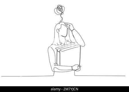 Drawing of stress businesswoman having headache while holding folder of document. One line art style design Stock Vector