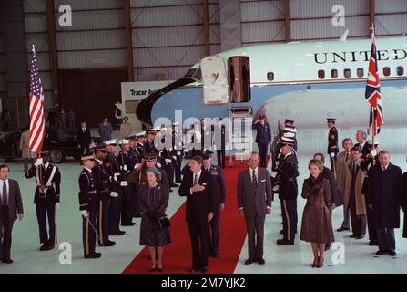 Queen Elizabeth II and Prince Philip stand with President and Mrs. Ronald Reagan, during a ceremony to honor the queen's visit to the West Coast. Base: Santa Barbara State: California (CA) Country: United States Of America (USA) Stock Photo