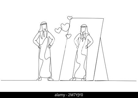 Drawing of arab man looking into mirror self loving mental health. Single line art style design Stock Vector