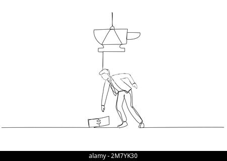 Drawing of businessman almost crushed by anvil money trap. Single continuous line art design Stock Vector