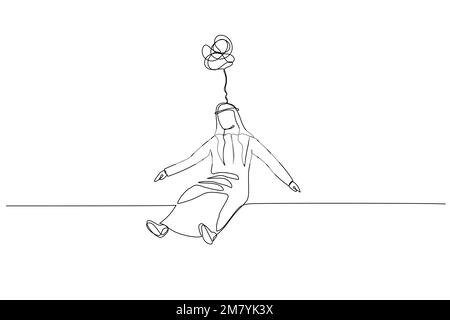 Drawing of arab man sad stressed drop in the floor. Single continuous line art design Stock Vector