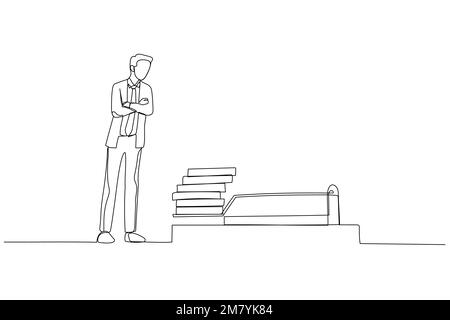 Illustration of businessman looking analyze dollar coin profit on mousetrap. Single line art style design Stock Vector