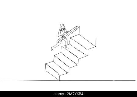 Drawing of businesswoman using pencil to draw big stair to climb up to success concept of ambition. One line style art design Stock Vector