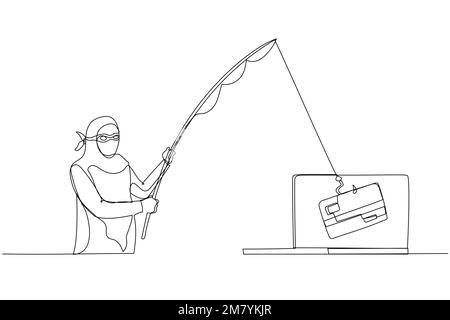 Illustration of muslim woman as cyber thief hacker try to get credit card concept of phishing. Single continuous line art design Stock Vector