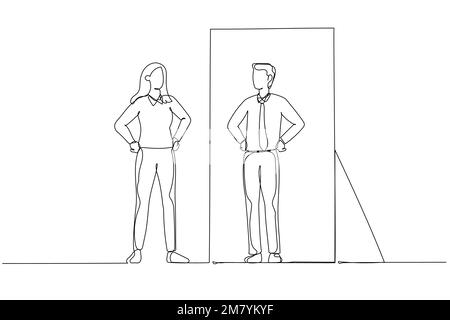 Cartoon of business woman looking at opposite gender of self on mirror reflection. Single line art style design Stock Vector