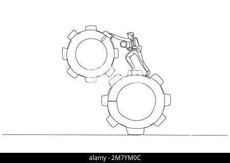 Drawing of businessman leader use magnifying glass analyze cog wheels problem concept problem fix. Single continuous line art style design Stock Vector