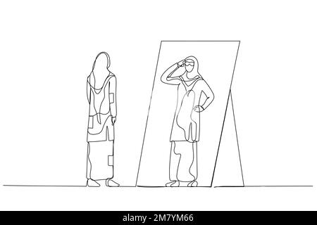 Illustration of woman wear hijab looking into self putting eyegless looking cool. Single continuous line art style design Stock Vector