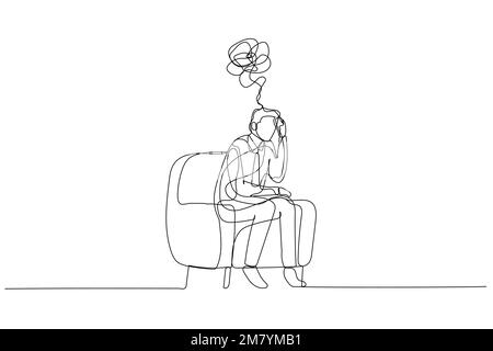 Illustration of businessman depressed and overthinking because of bankruptcy and loss. Single line art style design Stock Vector