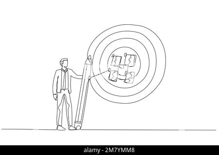 Cartoon of businessman write down goal on notes and put on big dartboard concept of target setting. One line art style design Stock Vector