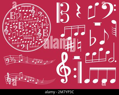Composition with notes and clefs, musical signs, sound texture, musician theme. Flying stave, Stock Vector