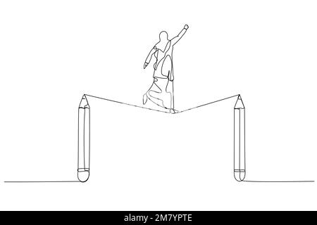 Cartoon of muslim woman walk tightrope between pencils concept of struggle in creativity. Single line art style design Stock Vector