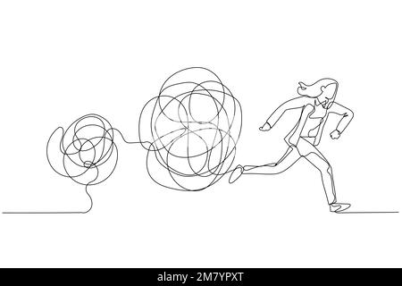 Cartoon of businesswoman running away from tangled line ball concept of avoid problem. Single line art style design Stock Vector