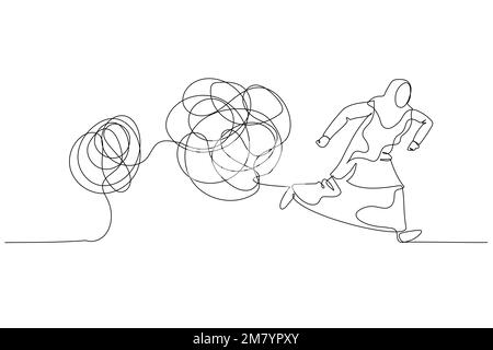 Cartoon of muslim woman running away from tangled line ball concept of avoid problem. Single continuous line art design Stock Vector