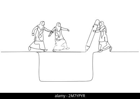 Drawing of muslim woman manager draw bridge help team cross cliff concept of leadership. One line style art design Stock Vector