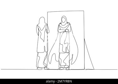Drawing of woman wear hijab reflect self looking into inner strength in mirror. One line art style design Stock Vector