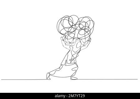 Drawing of muslim woman carrying heavy messy line on his back metaphor of stress from work. One line art style design Stock Vector