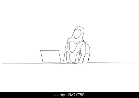 Drawing of muslim woman exhausted because overwork. One line style art design Stock Vector
