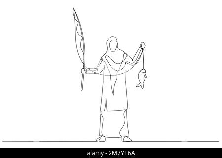 Drawing of muslim woman showing fish concept of success. Continuous line art style design Stock Vector