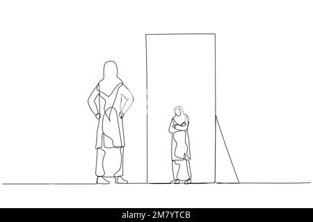 Illustration of woman wear hijab looking at the mirror seeing timid mini version of self. Single continuous line art style design Stock Vector