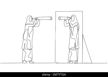 Illustration of woman wear hijab holding telescope looking into self in mirror. Single continuous line art style design Stock Vector
