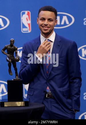 Golden State Warriors guard Stephen Curry with the NBA's Most Valuable Player award 2016 in Oakland Stock Photo