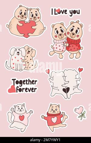 Collection stickers love animals. Cute couple bears, dogs and cats with romantic slogan. Vector isolated funny animals for design, decor, printing, gr Stock Vector