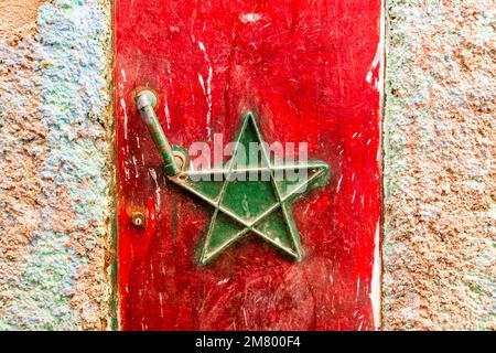 Moroccan flag painted on the door to house in Moulay Idriss, Morocco,  Africa Stock Photo