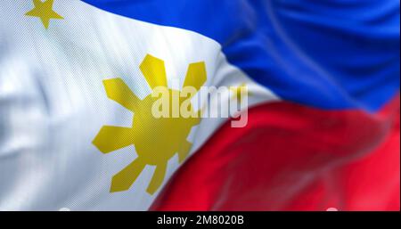 Philippines national flag waving. The Republic of the Philippines is an archipelagic country in Southeast Asia. Rippled Fabric. Textured background. S Stock Photo