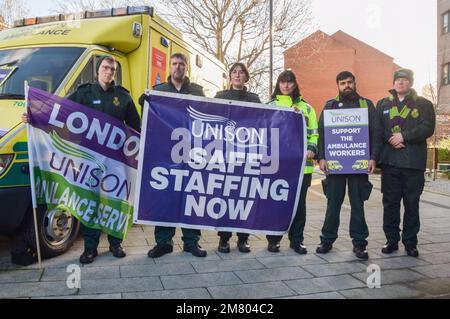 London, UK. 11th January 2023. Ambulance workers at the picket outside the London Ambulance Service headquarters in Waterloo, as UK ambulance staff stage further strikes over pay. Stock Photo