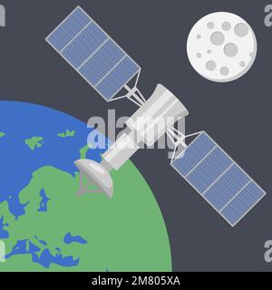 Artificial satellite orbiting the planet Earth in outer spaceisolated on white background. Vector illustration. Eps 10. Stock Vector