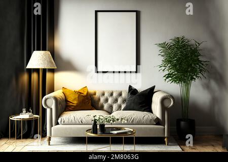 Mock up poster frame in modern interior background, living room, Scandinavian style, 3D render, 3D illustration Stock Photo
