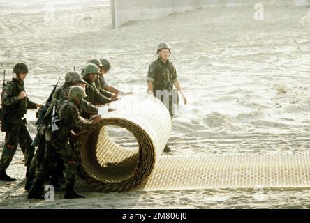 Marines roll up a beach matte that was used for vehicles to travel over after being offloaded from a utility landing craft during Exercise Solid Shield '83. Subject Operation/Series: SOLID SHIELD '83 Base: Onslow Beach, Mcb, Camp Lejeune State: North Carolina (NC) Country: United States Of America (USA) Stock Photo