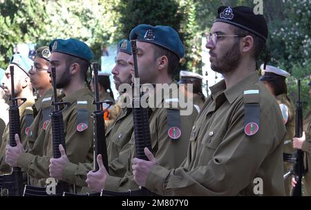 JERUSALEM, ISRAEL - JANUARY 11: Israeli military cadets stand firm during the official ceremony welcoming the new Turkish ambassador to Israel, Sakir Ozkan Torunlar, at the President's Residence to give letter of credential to Israel's President Isaac Herzog on January 11, 2023, in Jerusalem, Israel. Israel and Turkey announced the full normalization of their relations last August after years without senior diplomatic representation. Credit: Eddie Gerald/Alamy Live News Stock Photo