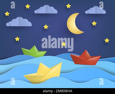 Origami boat sailing in blue ocean , paper art style. Vector illustration. Eps 10. Stock Vector