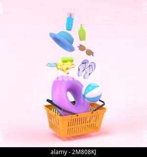 Colorful beach accessories and shopping basket on pink background. 3D render of summer vacation concept and holidays Stock Photo