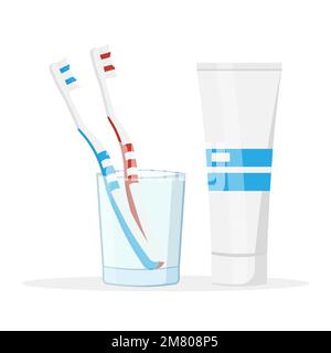 Pair of toothbrushes in a glass with tube of toothpaste isolated on background. Vector illustration. Eps 10. Stock Vector
