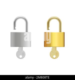 Realistic metal lock with key isolated on white background. Vector illustration. Eps 10. Stock Vector