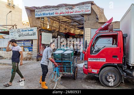 THE STANDS OF COLORFUL FISH IN THE FISH MARKET ON THE MARINA, HURGHADA, EGYPT, AFRICA Stock Photo