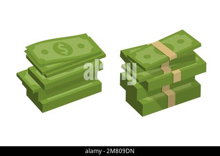 Packing money banknotes. Set of green dollar in various bundles. Vector illustration. Eps 10. Stock Vector