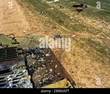 An overhead view of damage to a target tank after being hit by a Wasp missile during the first tactical weapon system application of millimeter wave seeker technology. The Wasp missile is designed to be launched in groups against massed armor formations. Base: Eglin Air Force Base State: Florida (FL) Country: United States Of America (USA) Stock Photo