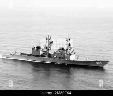 An aerial starboard bow view of the guided missile destroyer USS SCOTT (DDG-995) underway. Country: Unknown Stock Photo